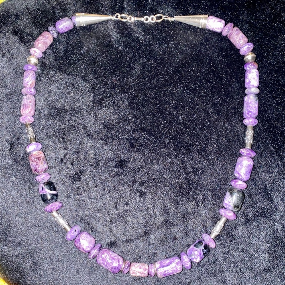 VINTAGE RUSSIAN CHAROITE PURPLE STONE BEADS NECKLACE SILVER ACCENTS 20” OOAK